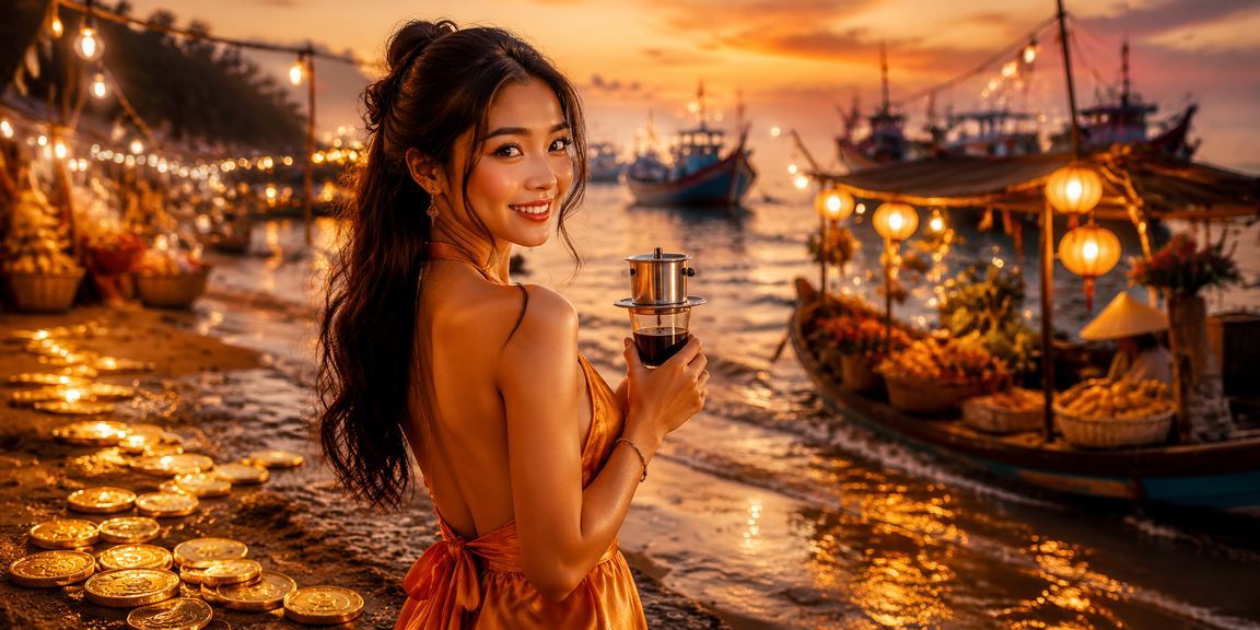 Giao diện ứng dụng casino trên điện thoại tại bãi biển Mũi Né với ly cà phê Việt Nam