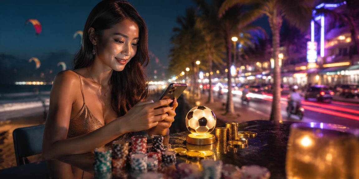 Màn hình neon hiển thị tỷ lệ kèo bóng đá và live casino tại khu giải trí Mũi Né ban đêm